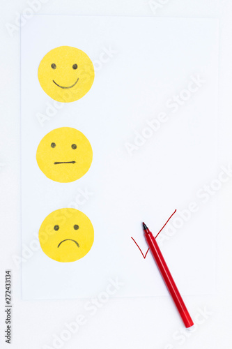 Cut out of paper mood emoticons on a white background. Mood marked with a marker