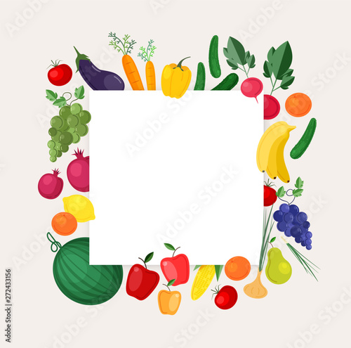 Square background or banner template with frame made of fresh organic locally grown fruits and vegetables