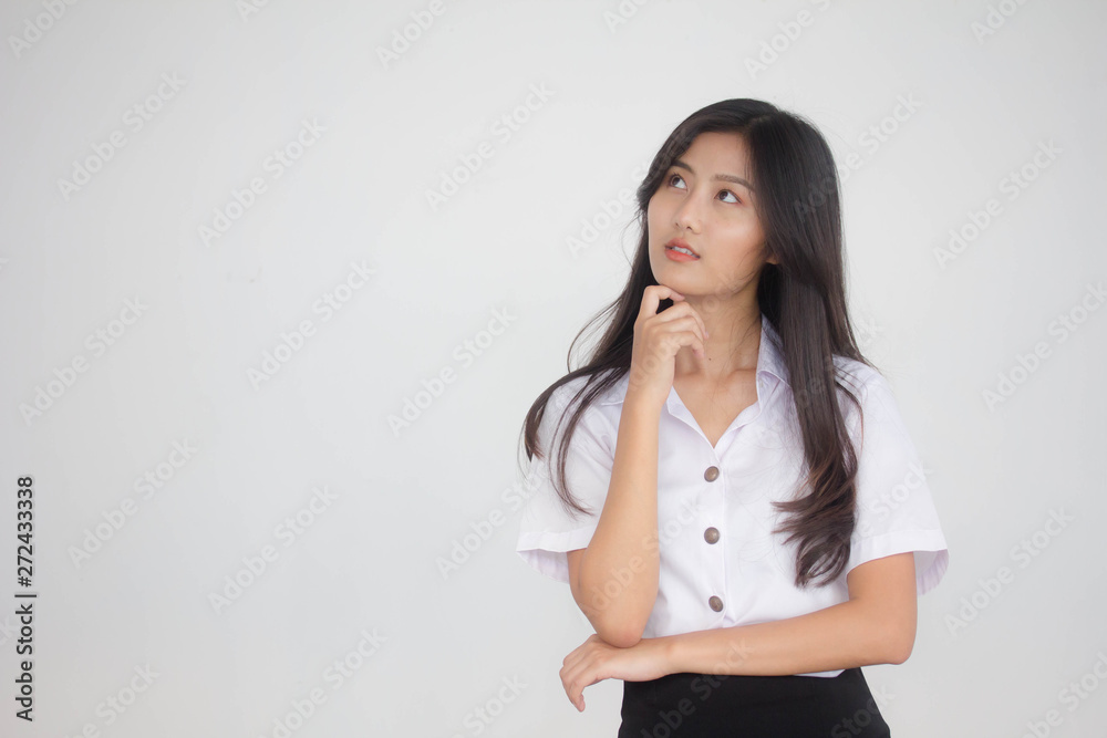Portrait of thai adult student university uniform beautiful girl Think Portrait of thai adult student university uniform beautiful girl Think