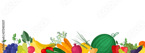 Horizontal banner template with fresh ripe locally grown fruits and vegetables at bottom edge