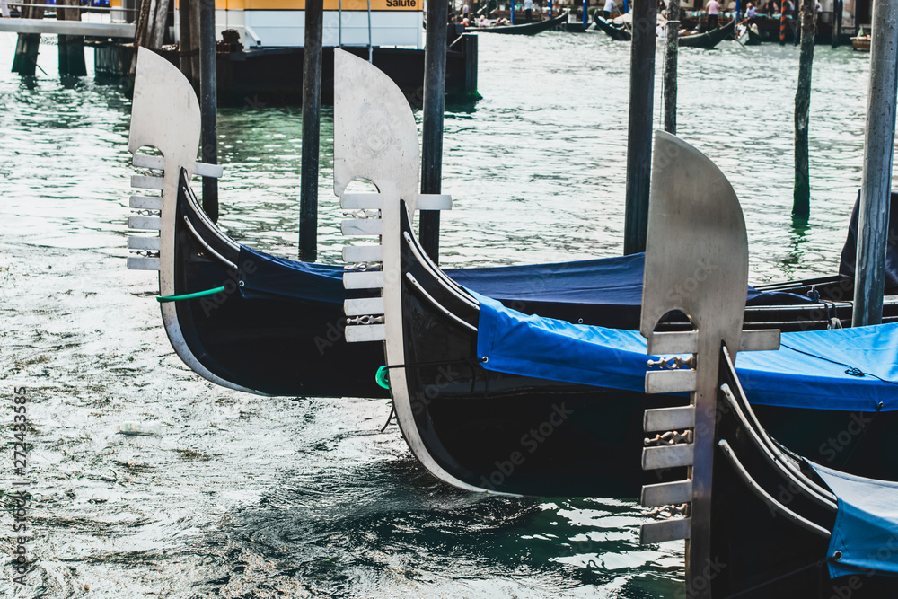 Picturesque Venice. View of the Grand Canal through the Gondola. Selective focus