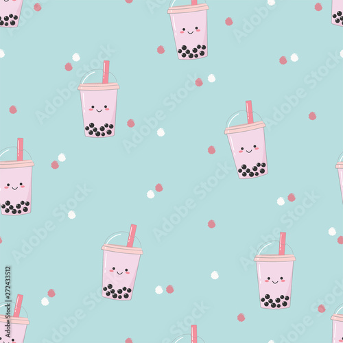Cute seamless bubble milk tea pattern background.