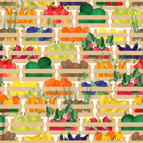Seamless pattern with fresh ripe organic fruits and vegetables in wooden boxes
