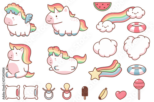 Cute kawaii unicorn and funny design elements vector cartoon set isolated on a white background.
