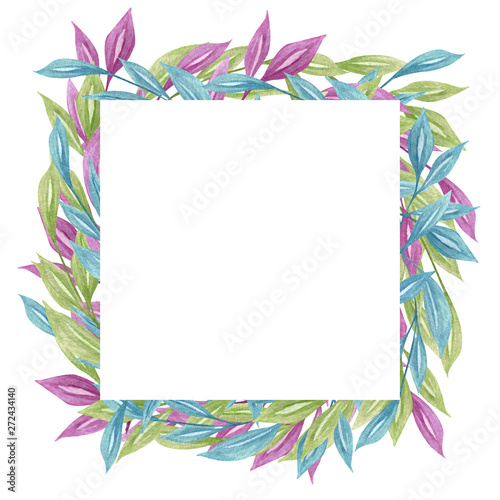 Square tropical frame in watercolor style. Bright color tropical frame with blue, green, purple leaves