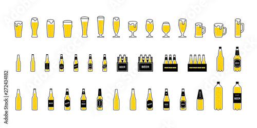 Beer glasses and bottles with foam and bubbles, icons set. Vector
