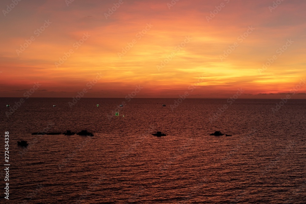 Fototapeta premium Beautiful sunset view from Seashells hotel in Vietnam, Phu Quok, March, 2019,