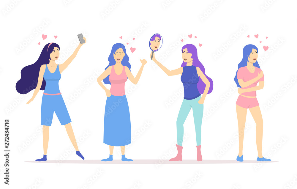 Cartoon Love Yourself Girls Concept Characters People Set. Vector Cartoon Love Yourself Girls Concept Characters People Set. Vector