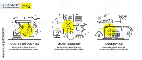 Set of illustrations concept with businessmen. technology, partnership, connection, business robot, cybes. linear illustration Icons infographics. Landing page site print poster. Line story