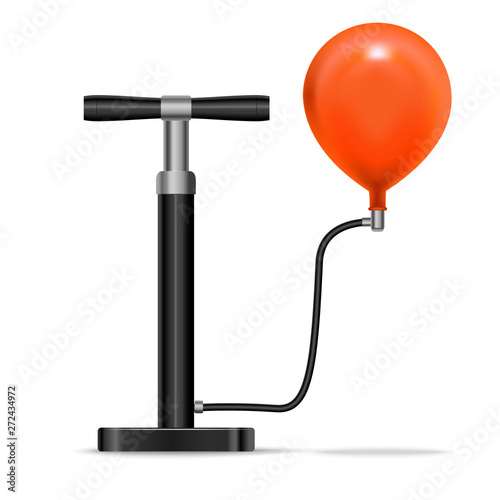 Realistic Detailed 3d Black Pump Inflates Red Balloon. Vector