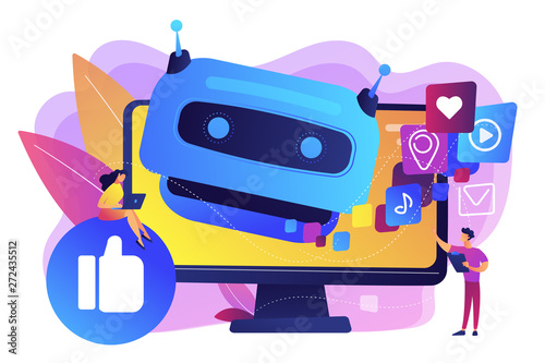 Internet communication, online chat bot, future SMM, high technology. AI in social media, AI content tracking, automated image recognition concept. Bright vibrant violet vector isolated illustration