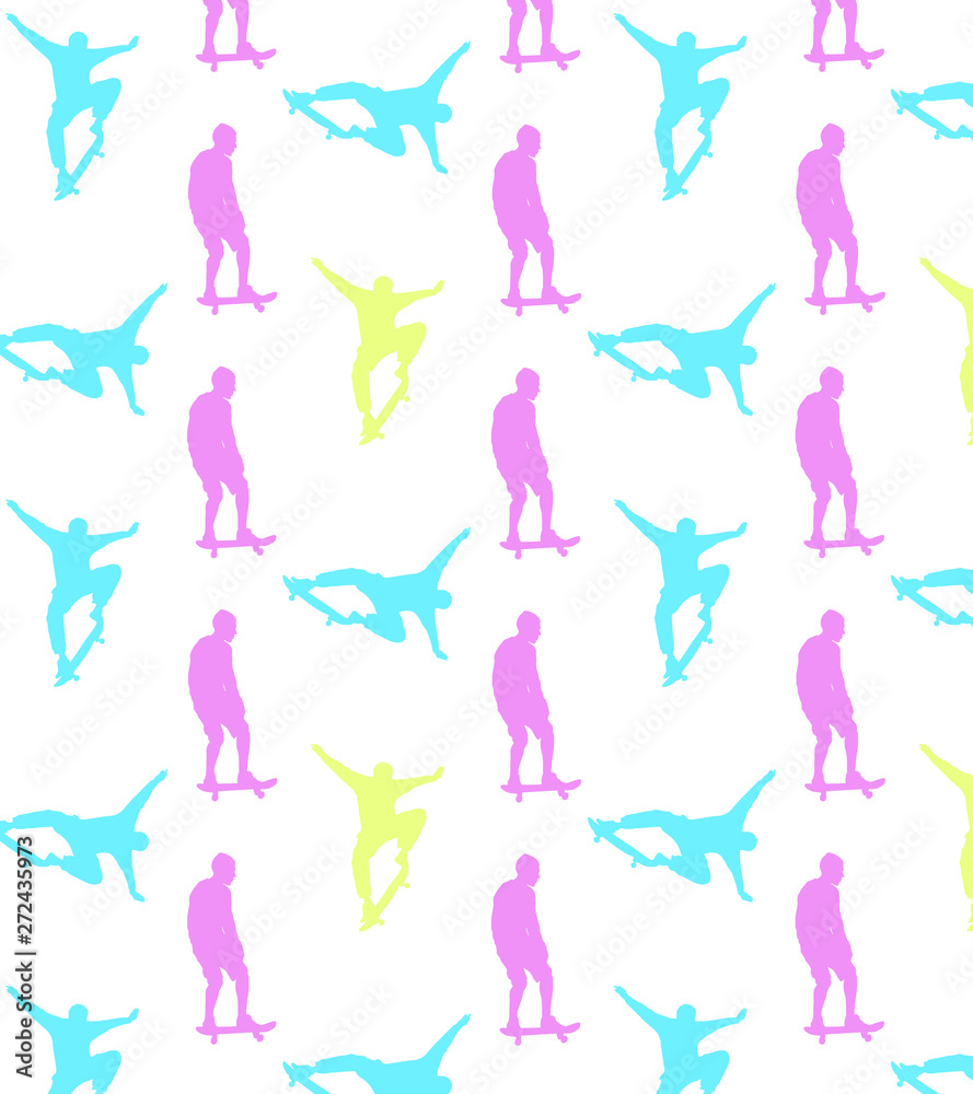 Seamless skateboarding pattern with multi-colored silhouettes of skateboarders.  The guy rides a skateboard. Trick ollie. Jump. Children design.