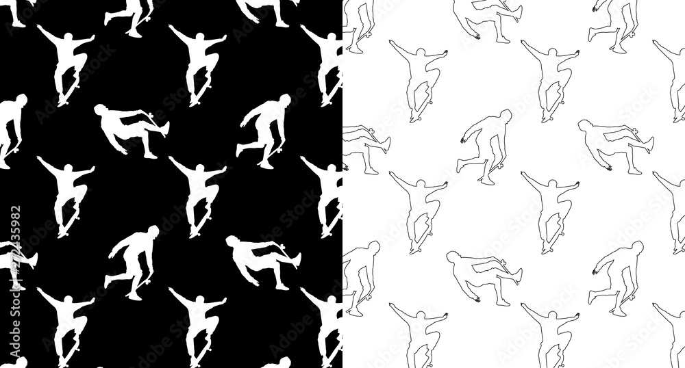 Set of seamless patterns with silhouettes and outline skateboarders on a black and white background. Skateboarding trick ollie, young guy riding a skateboard. Extreme sport vector illustration.