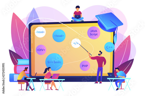 Script writing, software engineering. Coding workshop, code created workshop, online programming course, apps and games development class concept. Bright vibrant violet vector isolated illustration