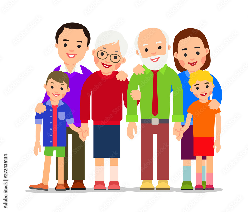 Happy family. Leisure together. Grandfather, grandmother, son, daughter, grandson and granddaughter stand hugging. Isolated background. Flat design. Cartoon illustration isolated white background