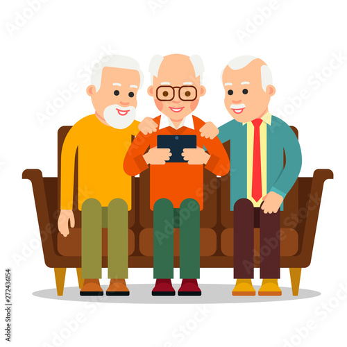 Old men sitting. Three elderly men are sitting on couch and are looking at information on tablet pc. Concept of leisure of retirees using modern technology. Flat cartoon illustration isolated