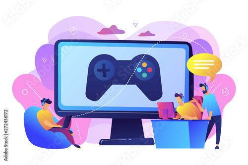 Computer gaming industry, cybersport training. Esports coaching, lessons with pro gamers, esports coaching platform, play like a pro concept. Bright vibrant violet vector isolated illustration