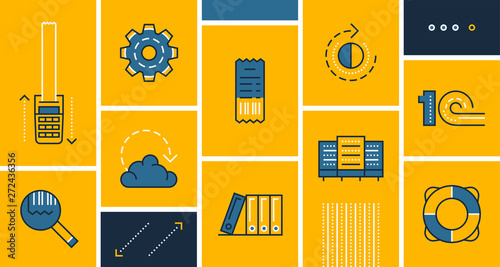 Accounts department icons set in trendy line style for infographic and app design about terminal point sale, online accounting. Vector linear badges of bookkeeping for Russian market — 1C icon.