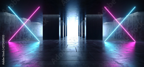 Fototapeta Naklejka Na Ścianę i Meble -  Neon Glowing X Shaped Lasers Purple Blue Modern Futuristic Sci Fi Concrete Grunge Reflective Tiled Floor Columns Hallway Garage Underground White Glow Asphalt Room Gallery Elegant 3D Rendering