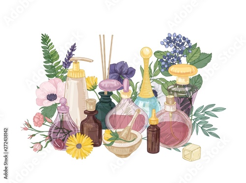 Decorative composition with perfume or toilet water in glass bottles of different shapes and sizes, aromatic incense sticks and blooming flowers. Realistic vector illustration in vintage style.