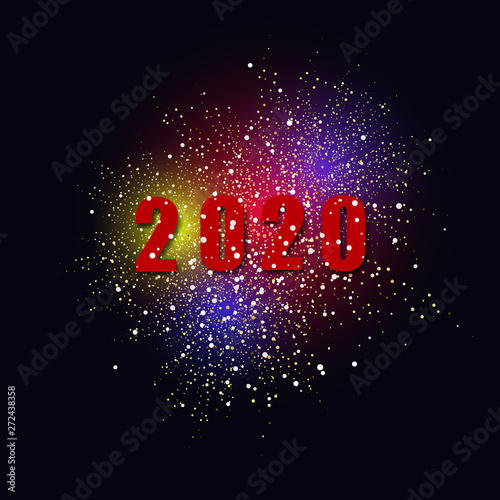 Bright colorful fireworks on a dark background. 2020 Gold glitter.