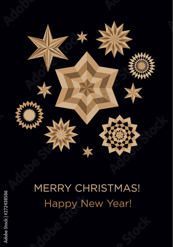 Christmas celebration. New Year invitation card for the party. Vector template for greeting card with text. Golden geometric snowflakes and stars on a black background