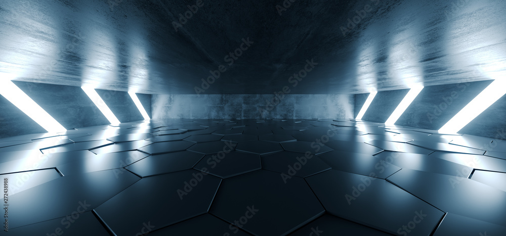 Sci Fi Futuristic Concrete Grunge Tunnel Hallway Reflective Garage Underground Garage Glowing Blue White Windows Led Lights Tiled Floor 3D Rendering - obrazy, fototapety, plakaty 