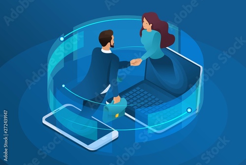 Isometric business, global online collaboration between large companies. Concept for web design