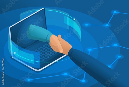 Isometric online conclusion of the transaction between large companies, partnership. Concept for web design