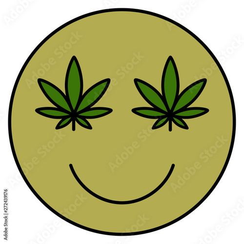 Cannabis smile. Smiling face. Drug consumption, marijuana use. Marijuana Legalization. Medical cannabis. Health and Medical therapy. Isolated vector illustration on white background.