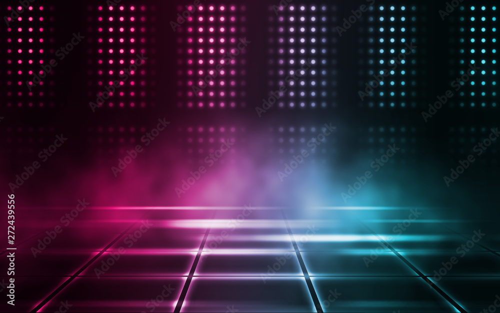 Fototapeta premium Empty background scene. Dark street reflection on wet asphalt. Rays of neon light in the dark, neon figures, smoke. Background of empty stage show. Abstract dark background.