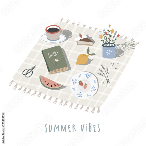 Hand drawn summer picnic background, invitation. Checkered plaid, blanket with cup of coffee, lemon, watermelon, strawberries fruit and book. Lavender, meadow flowers. Lifestyle flat lay, top view.