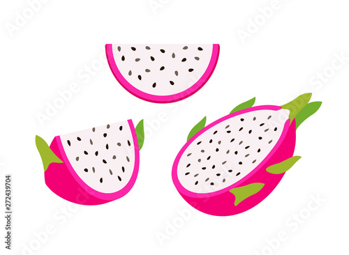 cut half and sliced dragon fruit, Summer tropical fruit, cartoon flat icon, vector illustration sketch isolated on white background