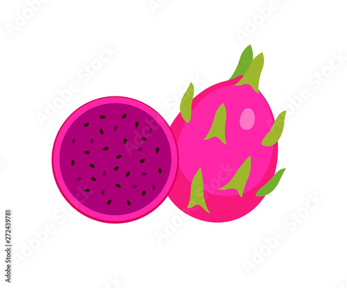 set of Red dragon fruit, Summer tropical fruit, cartoon flat icon, vector illustration sketch isolated on white background