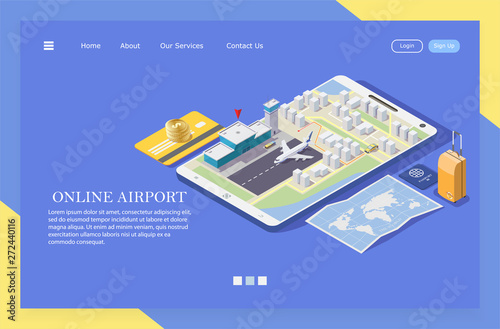 Isometric vector illustration of ordering a taxi to the airport via the mobile application