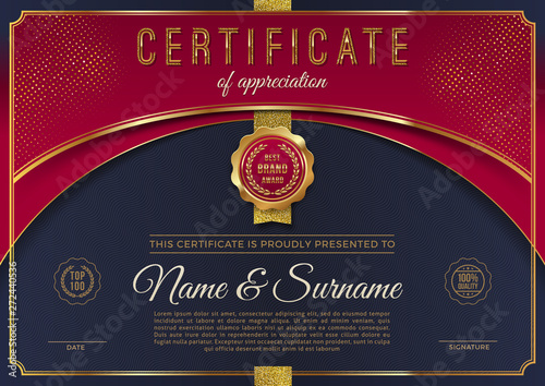 Certificate template with luxury golden elements. Diploma template design. Vector illustration.