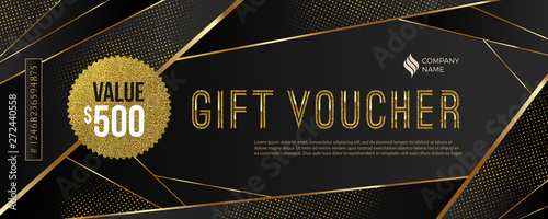 Gift voucher template with glitter gold elements. Vector illustration. Design for invitation, certificate, gift coupon, ticket, voucher, diploma etc.