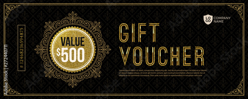Gift voucher template with glitter gold luxury elements. Vector illustration. Design for invitation, certificate, gift coupon, ticket, voucher, diploma etc.