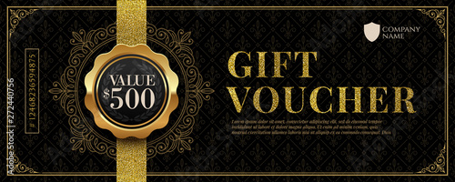 Gift voucher template with glitter gold luxury elements. Vector illustration. Design for invitation, certificate, gift coupon, ticket, voucher, diploma etc. photo