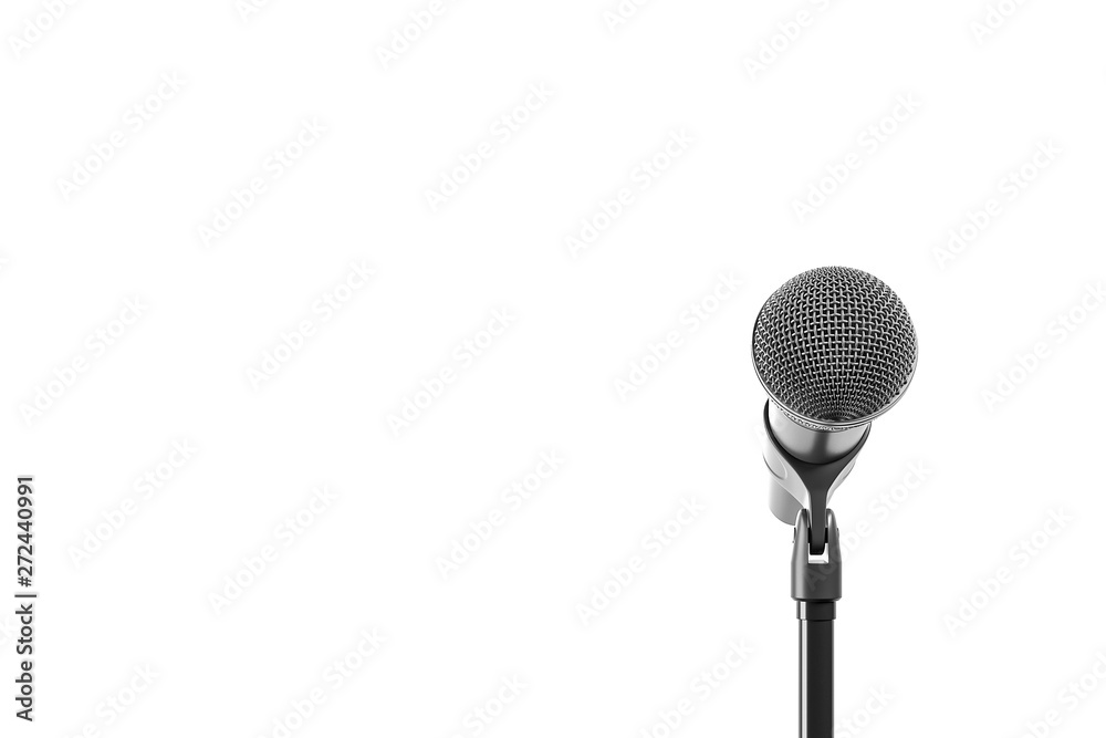 Black microphone with stand isolated over white background. Front view. Black microphone with stand isolated over white background. Front view.