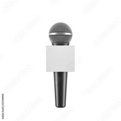 Black microphone with blank box isolated over white background. Front view. photo