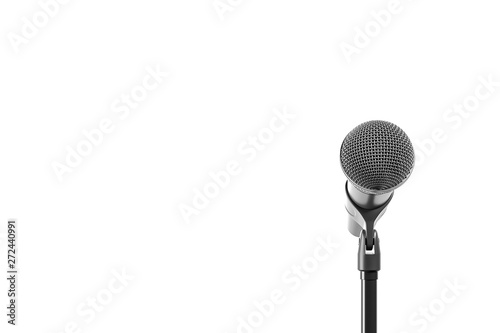 Black microphone with stand isolated over white background. Front view.