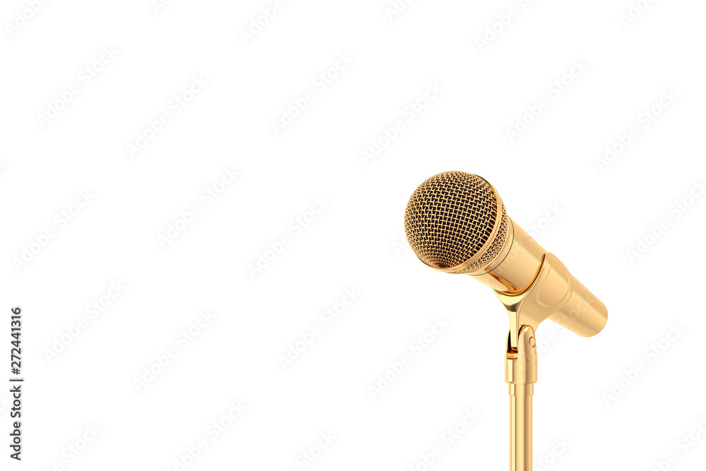 Ilustrace „Gold microphone with stand isolated over white background. Front  view. Concert and karaoke concept.“ ze služby Stock | Adobe Stock