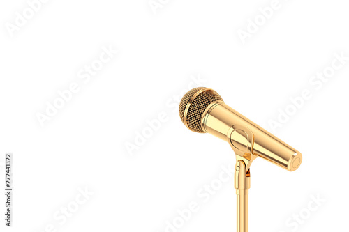 Gold microphone with stand isolated over white background. Side view. Concert and karaoke concept.