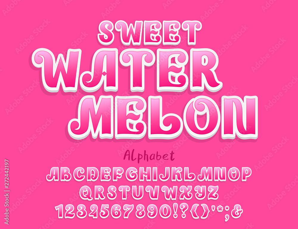 Sweet watermelon Alphabet. Vector uppercase English letters, numbers. 3D ornate typeface, pink gradient color Sweet watermelon Alphabet. Vector uppercase English letters, numbers. 3D ornate typeface, pink gradient color