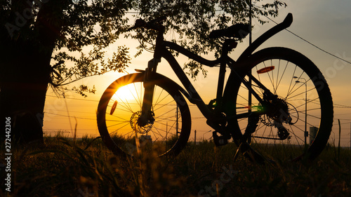 Beautiful close up scene of bicycle at sunset, sun on blue sky with vintage colors, silhouette of bike forward to sun. © Anton Dios