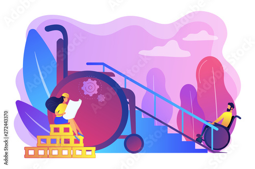 Ramp for people in wheelchairs, disabled care. Accessible environment designing, freedom of movement, disability friendly area concept. Bright vibrant violet vector isolated illustration