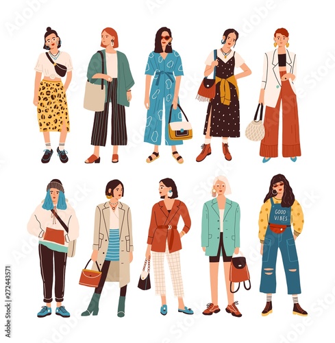 Collection of stylish young women dressed in trendy clothes. Set of fashionable casual and formal outfits. Bundle of cute girl hipsters or trendsetters. Flat cartoon colorful vector illustration.