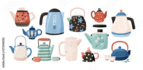 Collection of teapots and kettles isolated on white background. Decorative kitchen tools, household utensils, ceramic drinkware or glassware for tea ceremony. Flat cartoon vector illustration.