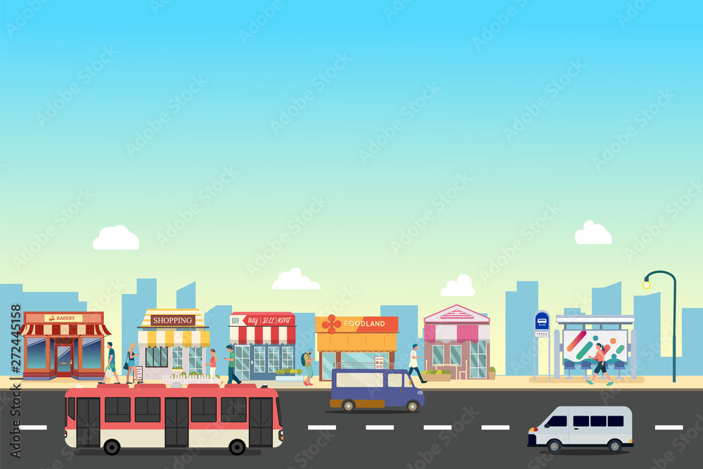 City street and store buildings with bus , minibus with people on street vector, a flat style design.People walk with Business storefront and public bus stop in urban